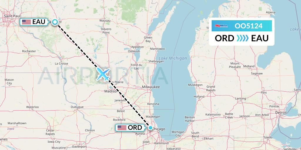 OO5124 SkyWest Airlines Flight Map: Chicago to Eau Claire