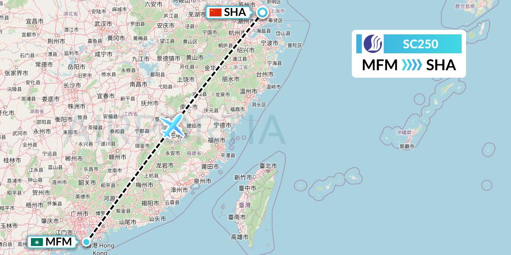 SC250 Shandong Airlines Flight Map: Macau to Shanghai