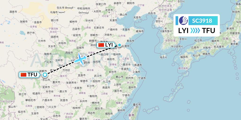 SC3918 Shandong Airlines Flight Map: Linyi to Chengdu