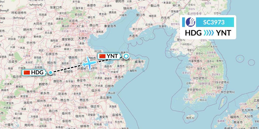 SC3973 Shandong Airlines Flight Map: Handan to Yantai