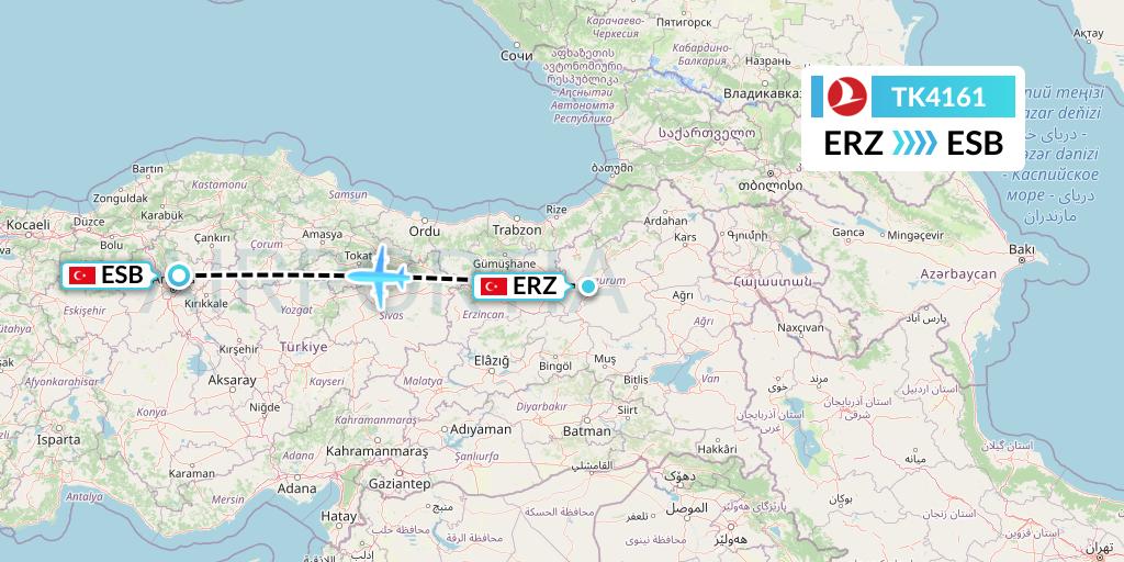 TK4161 Turkish Airlines Flight Map: Erzurum to Ankara
