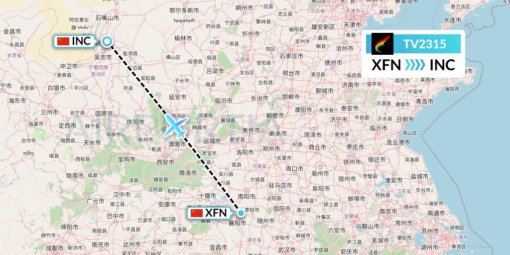 TV2315 Tibet Airlines Flight Map: Xiangyang to Yinchuan