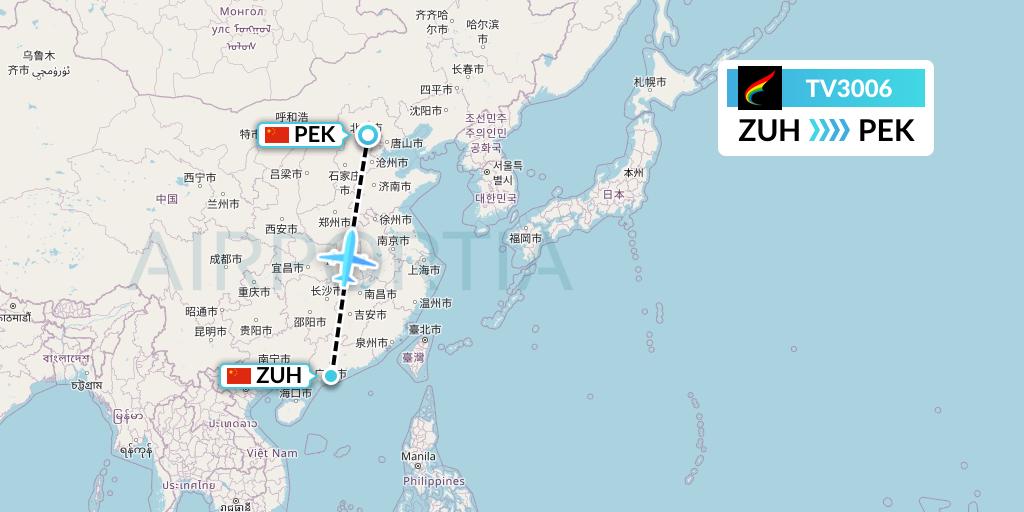 TV3006 Tibet Airlines Flight Map: Zhuhai to Beijing