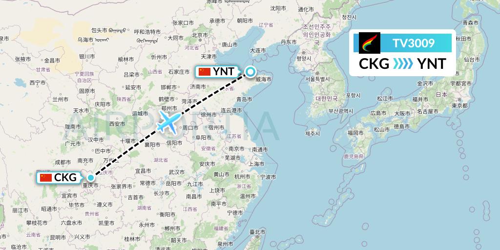 TV3009 Tibet Airlines Flight Map: Chongqing to Yantai