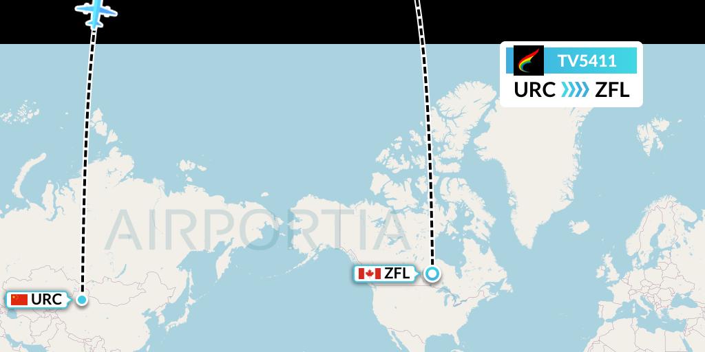 TV5411 Tibet Airlines Flight Map: Urumqi to South Trout Lake