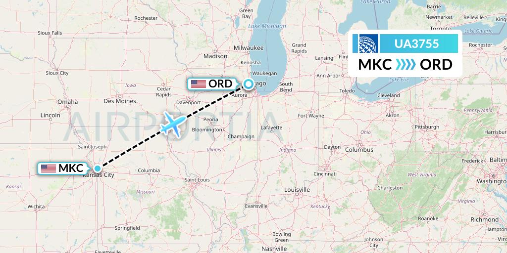 UA3755 United Airlines Flight Map: Kansas City to Chicago
