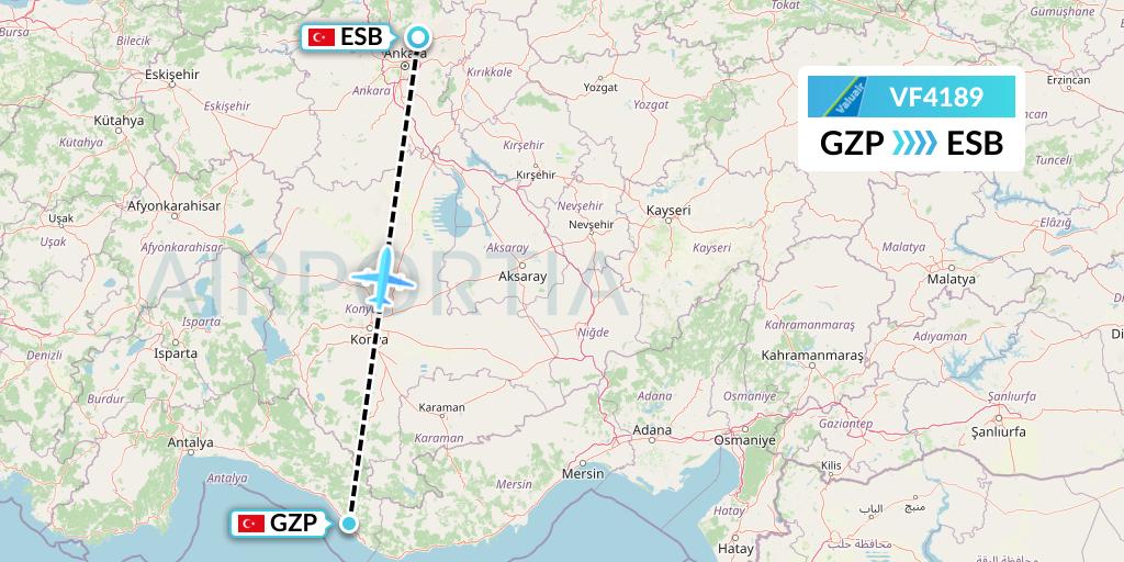 VF4189 ValuAir Flight Map: Gazipasa to Ankara