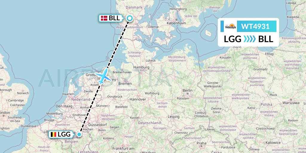 WT4931 Swiftair Flight Map: Liege to Billund
