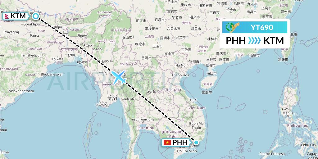 YT690 Yeti Airlines Flight Map: Phan Thiet to Kathmandu