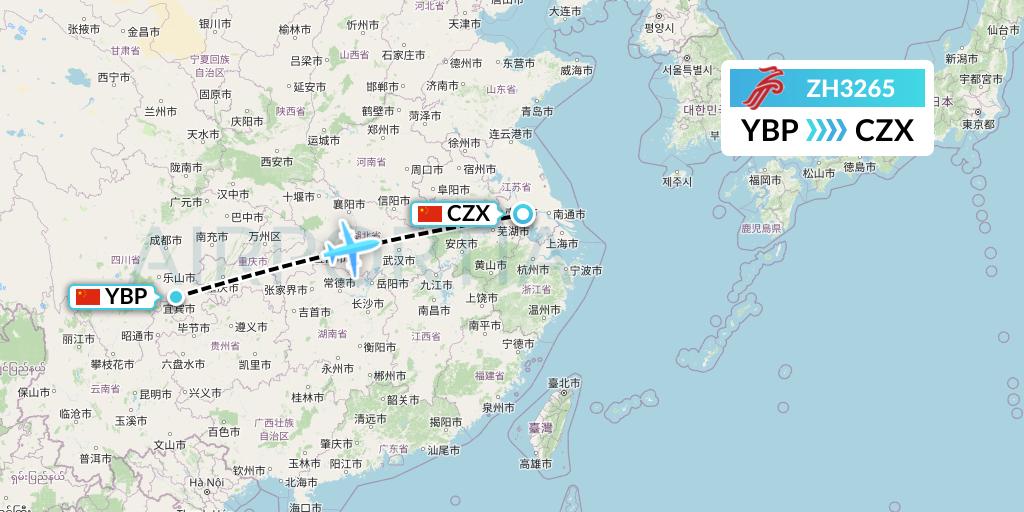 ZH3265 Shenzhen Airlines Flight Map: Yibin to Changzhou