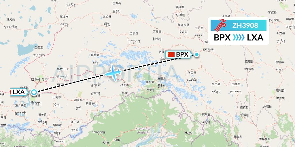 ZH3908 Shenzhen Airlines Flight Map: Bangda to Lhasa