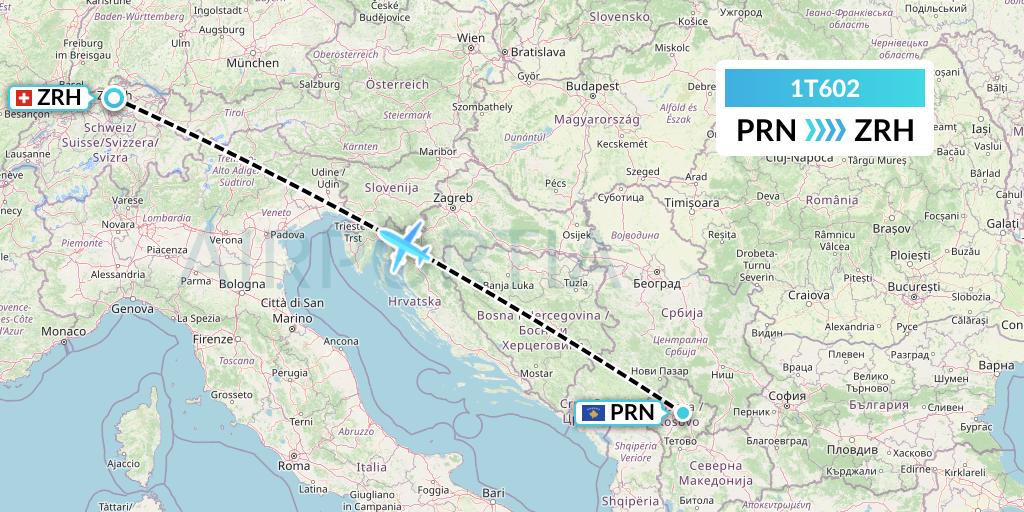 1T602 Russian Sky Flight Map: Pristina to Zurich