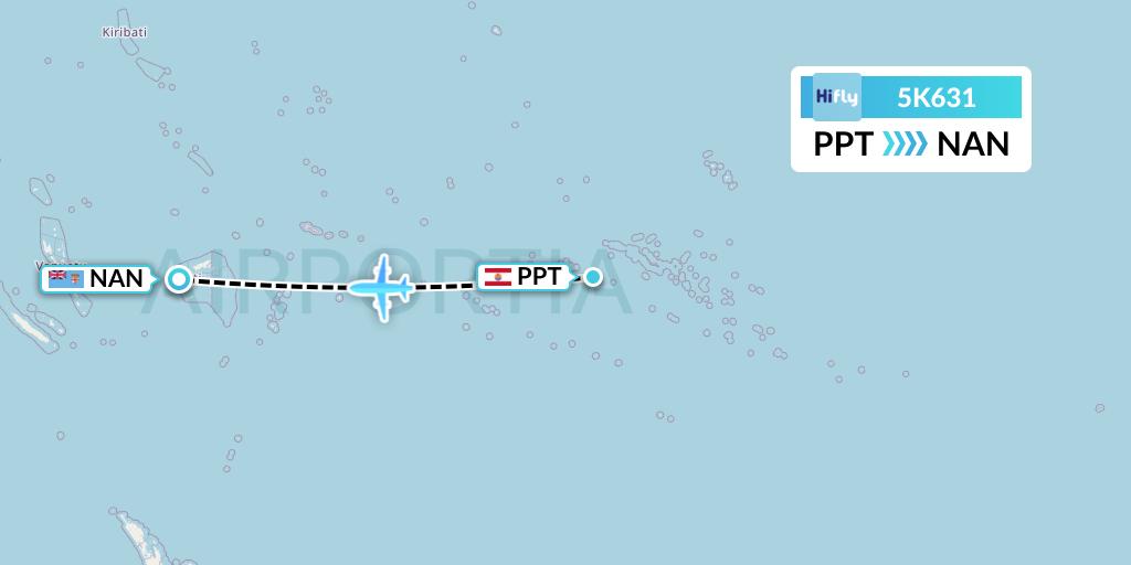 5K631 Hi Fly Flight Map: Papeete to Nadi