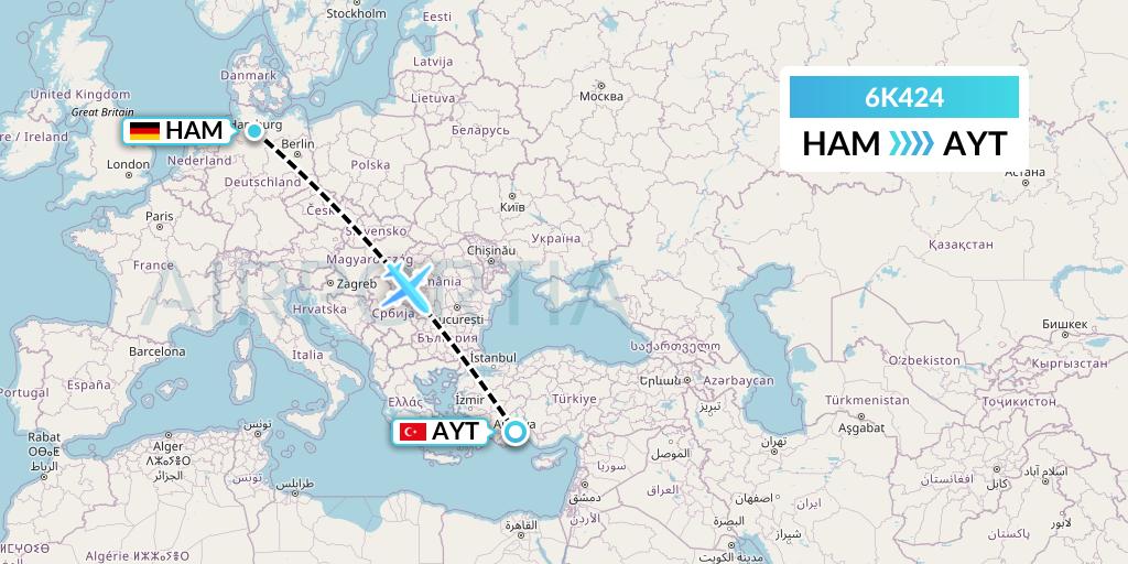 6K424 Songbird Airways Flight Map: Hamburg to Antalya