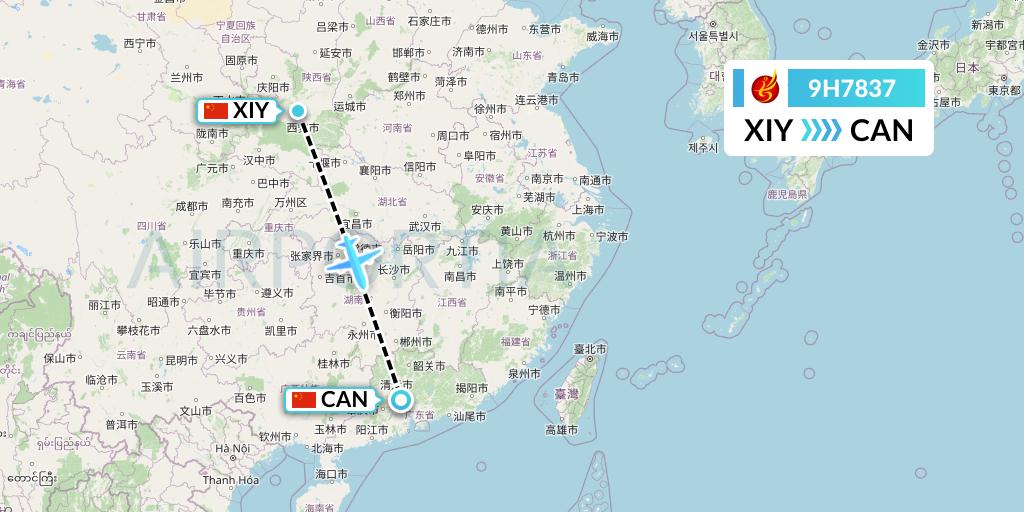 9H7837 Air Changan Flight Map: Xi'an to Guangzhou