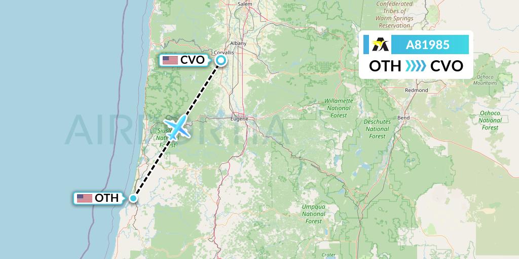 A81985 Aerolink Uganda Flight Map: North Bend to Corvallis
