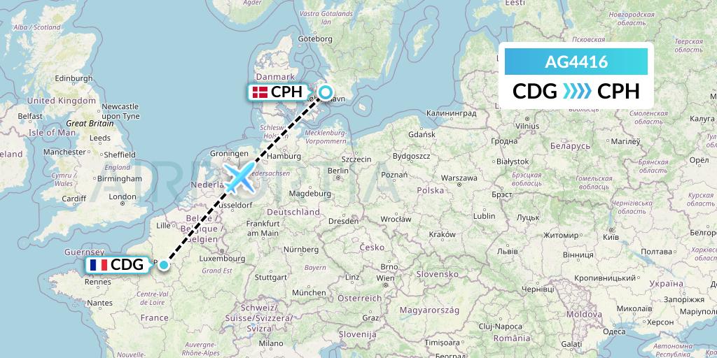 AG4416 Aruba Airlines Flight Map: Paris to Copenhagen
