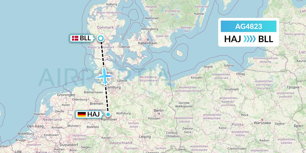 AG4823 Aruba Airlines Flight Map: Hannover to Billund