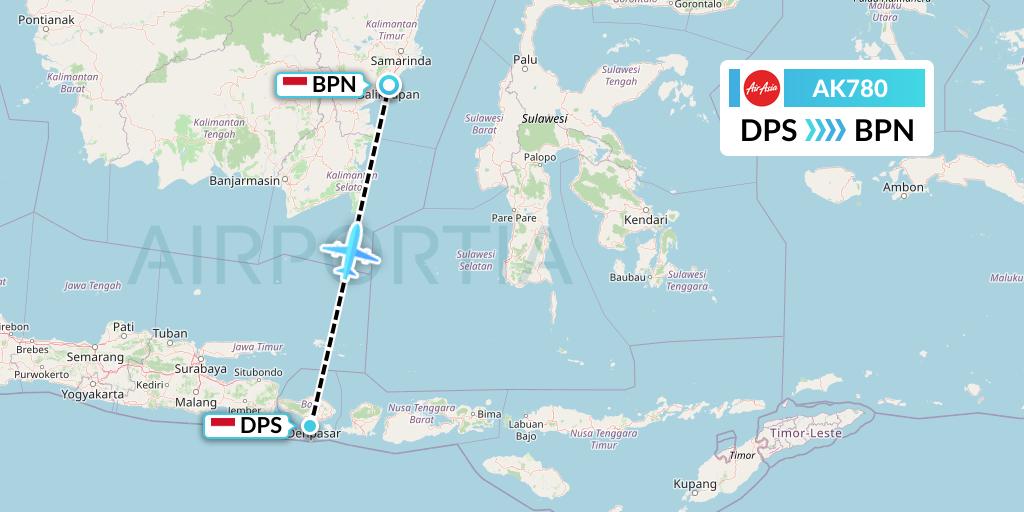 AK780 AirAsia Flight Map: Denpasar to Balikpapan
