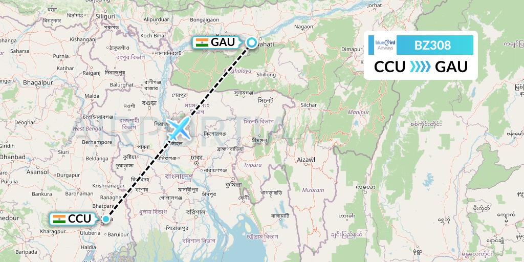 BZ308 Bluebird Airways Flight Map: Kolkata to Guwahati