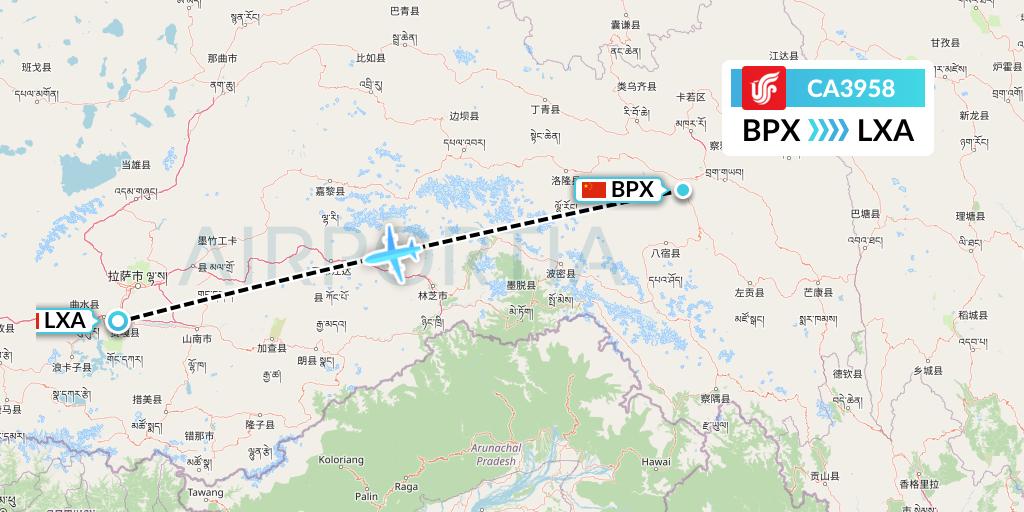 CA3958 Air China Flight Map: Bangda to Lhasa