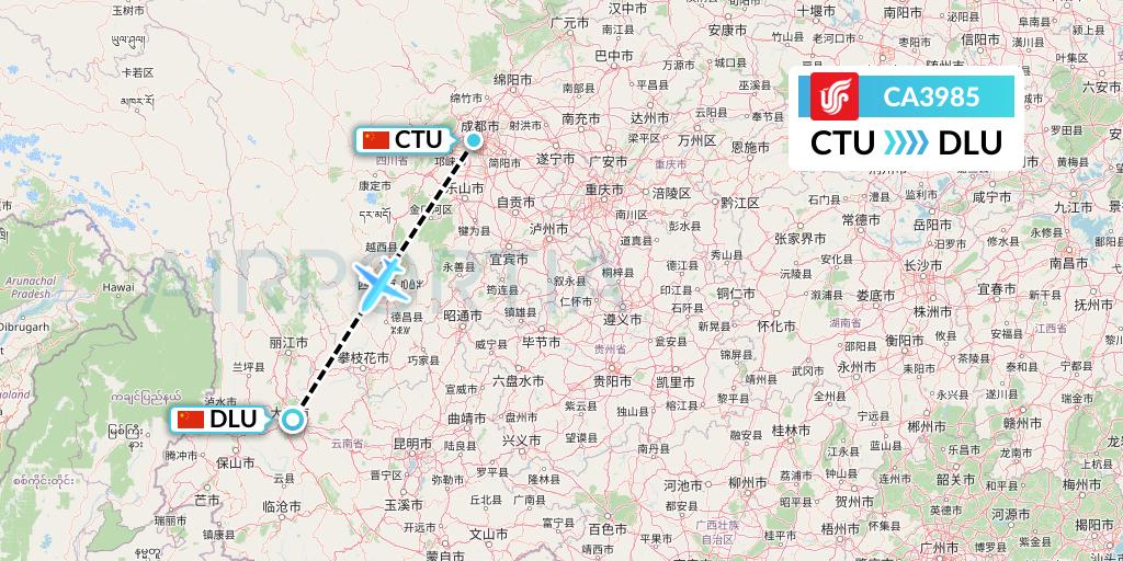 CA3985 Air China Flight Map: Chengdu to Dali