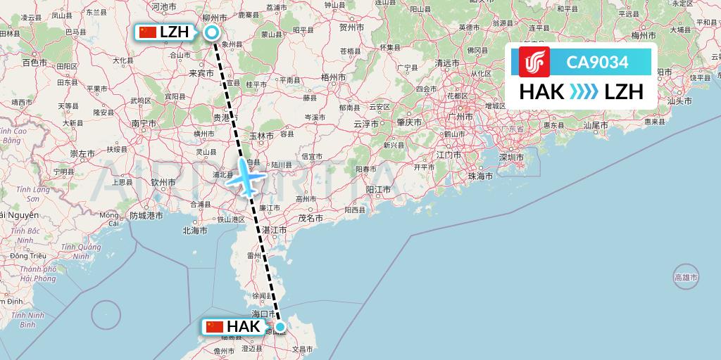CA9034 Air China Flight Map: Haikou to Liuzhou
