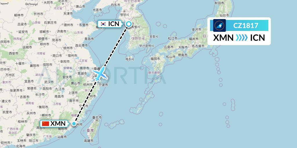 CZ1817 China Southern Airlines Flight Map: Xiamen to Seoul