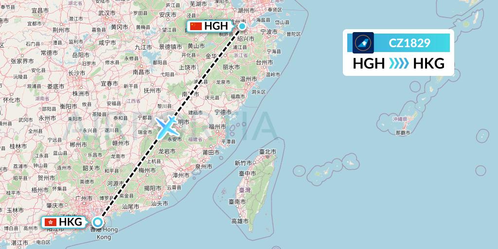 CZ1829 China Southern Airlines Flight Map: Hangzhou to Hong Kong