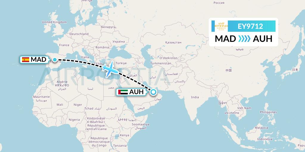 EY9712 Etihad Airways Flight Map: Madrid to Abu Dhabi