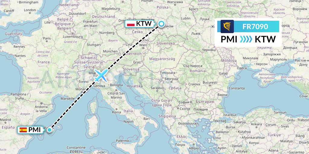 FR7090 Ryanair Flight Map: Palma de Mallorca to Katowice