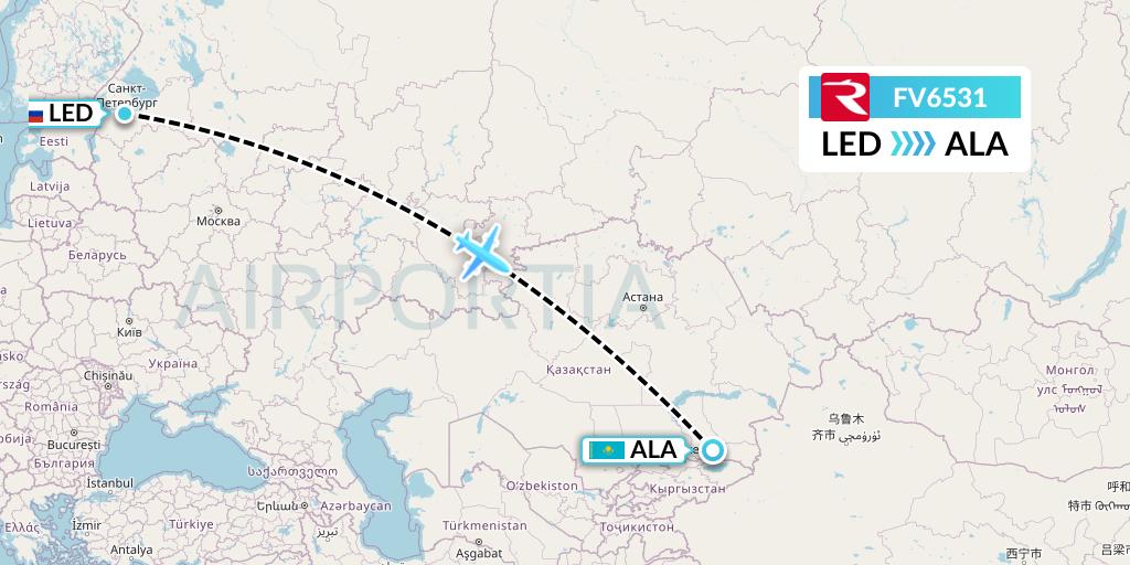 FV6531 Rossiya Flight Map: St. Petersburg to Almaty