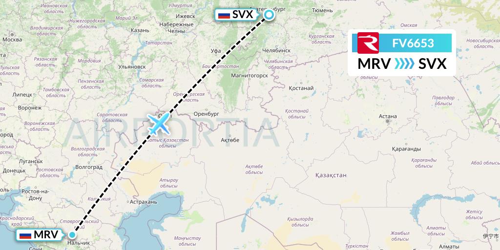 FV6653 Rossiya Flight Map: Mineralnye Vody to Yekaterinburg