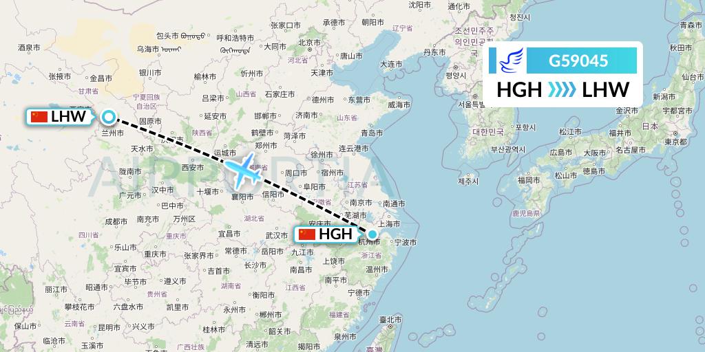 G59045 China Express Airlines Flight Map: Hangzhou to Lanzhou