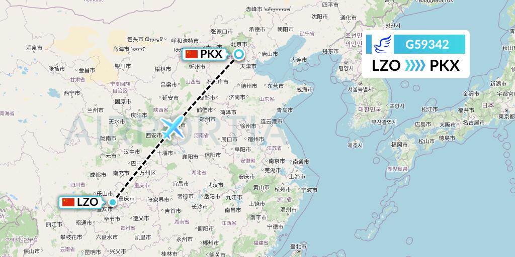G59342 China Express Airlines Flight Map: Luzhou to Beijing