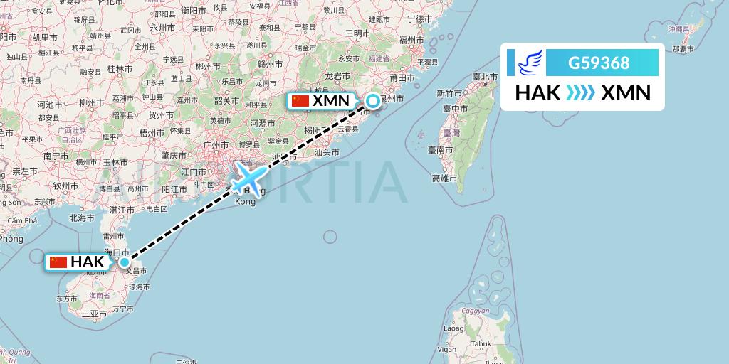 G59368 China Express Airlines Flight Map: Haikou to Xiamen