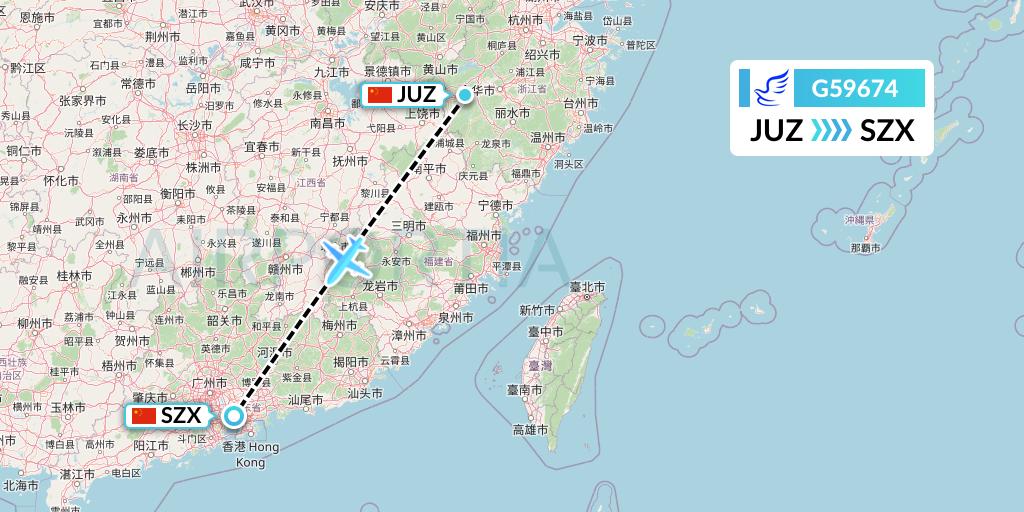 G59674 China Express Airlines Flight Map: Quzhou to Shenzhen