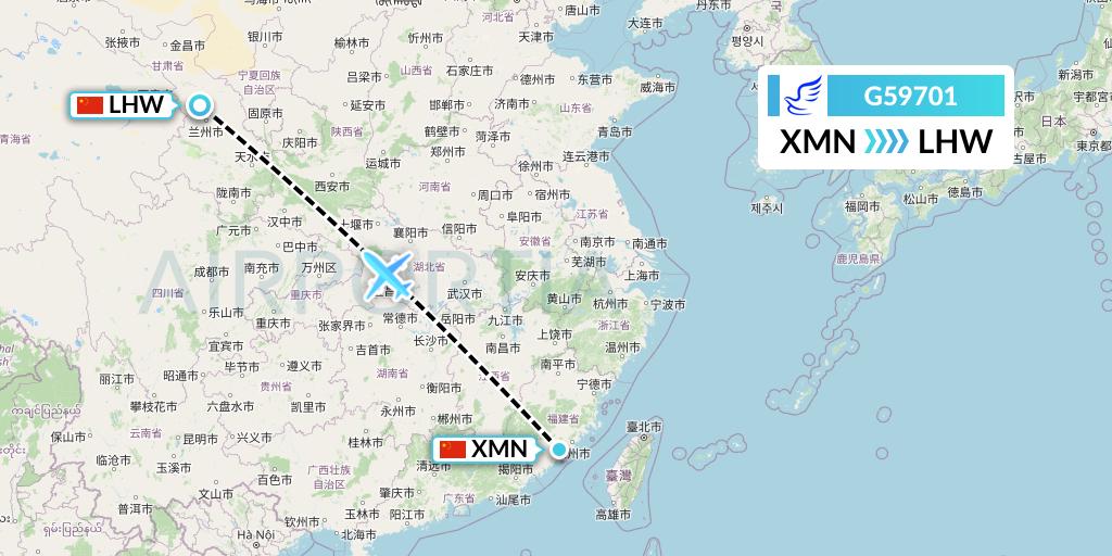 G59701 China Express Airlines Flight Map: Xiamen to Lanzhou