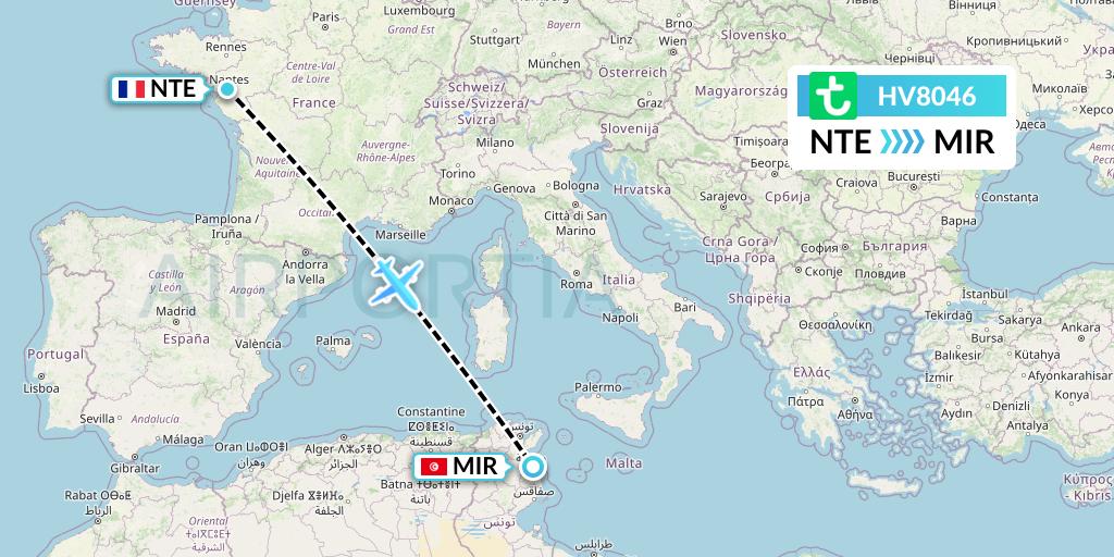 HV8046 Transavia Flight Map: Nantes to Monastir