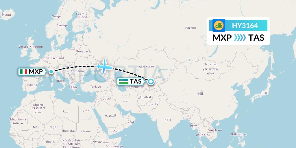 HY3164 Uzbekistan Airways Flight Map: Milan to Tashkent