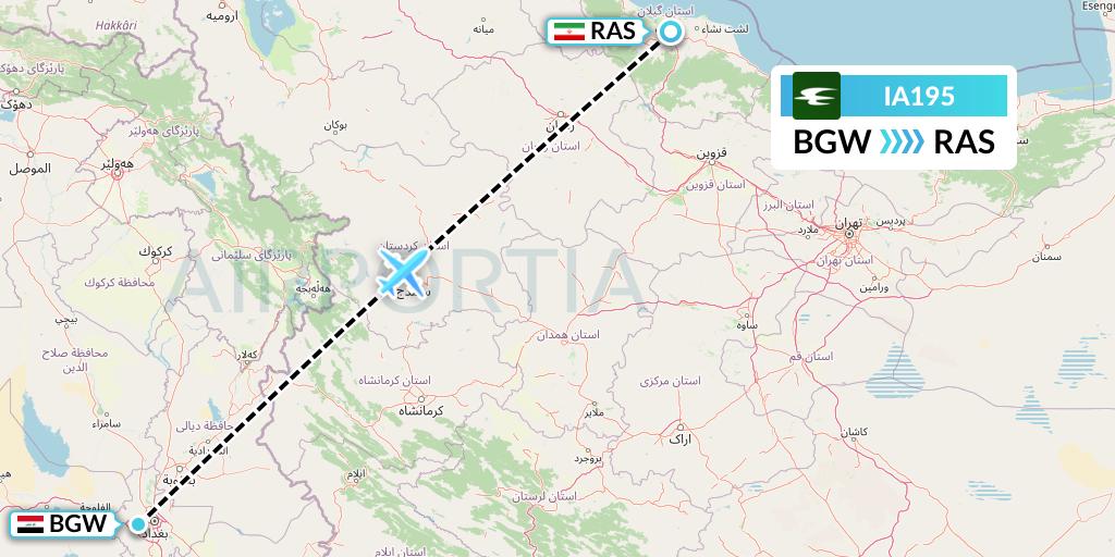 IA195 Iraqi Airways Flight Map: Baghdad to Rasht