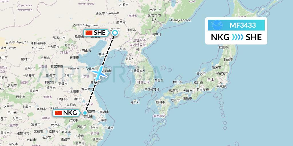 MF3433 Xiamen Airlines Flight Map: Nanjing to Shenyang