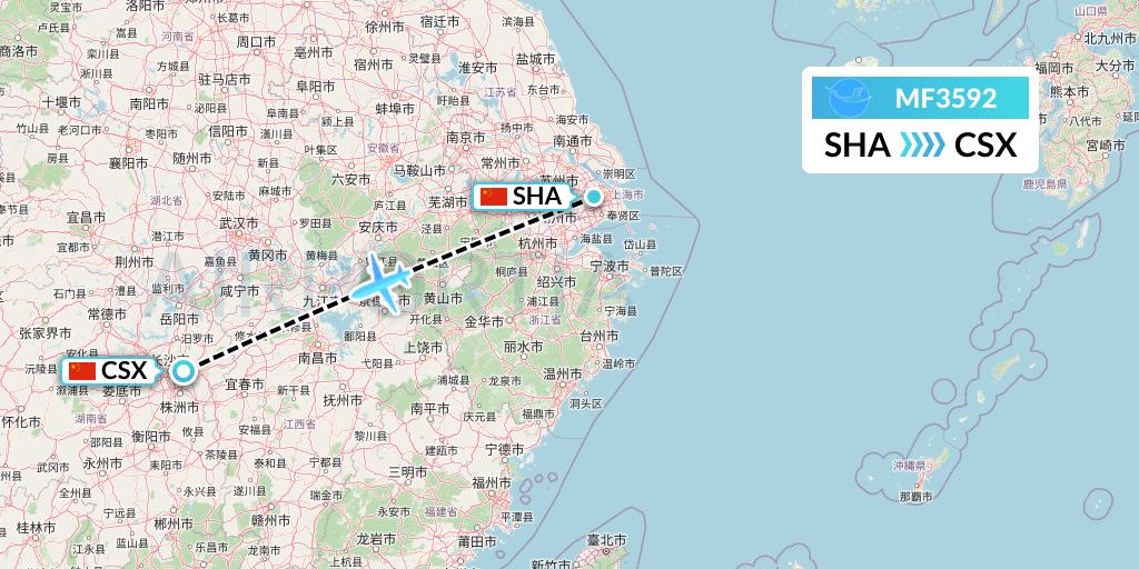 MF3592 Xiamen Airlines Flight Map: Shanghai to Changsha