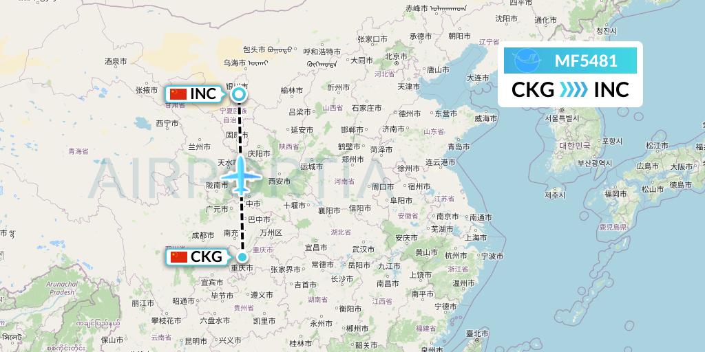 MF5481 Xiamen Airlines Flight Map: Chongqing to Yinchuan
