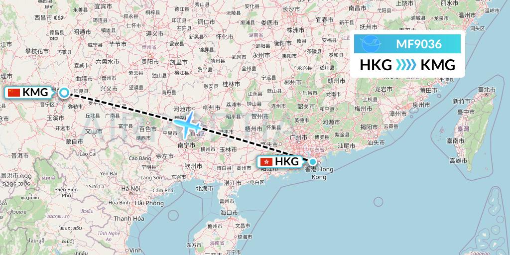 MF9036 Xiamen Airlines Flight Map: Hong Kong to Kunming