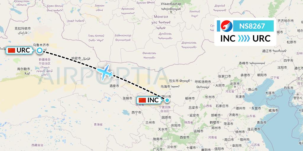 NS8267 Hebei Airlines Flight Map: Yinchuan to Urumqi