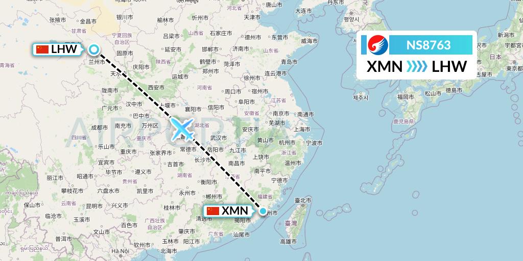 NS8763 Hebei Airlines Flight Map: Xiamen to Lanzhou