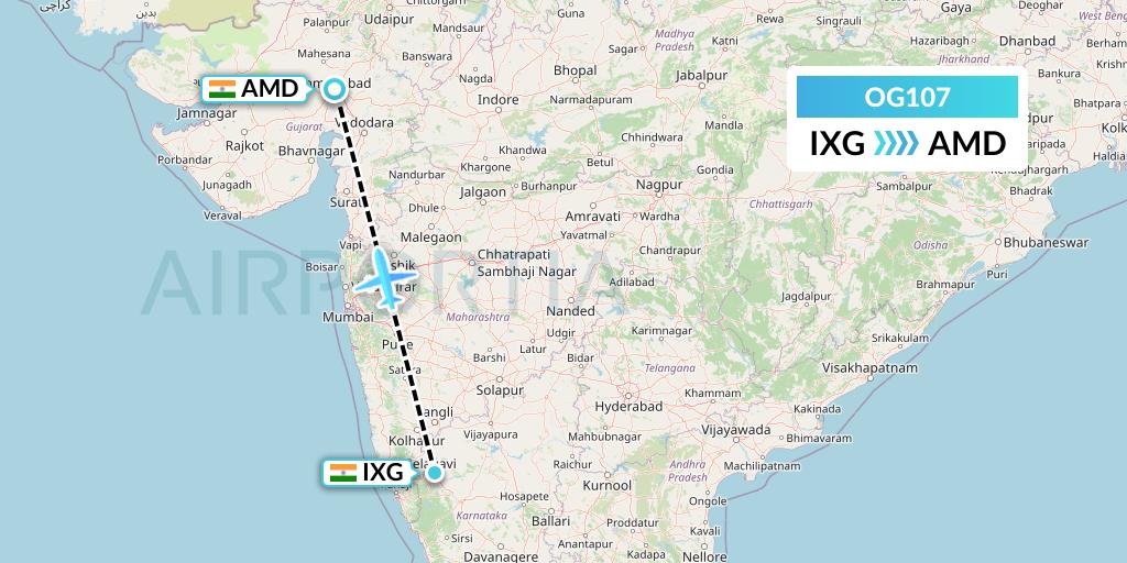OG107 Fly Play Flight Map: Belgaum to Ahmedabad