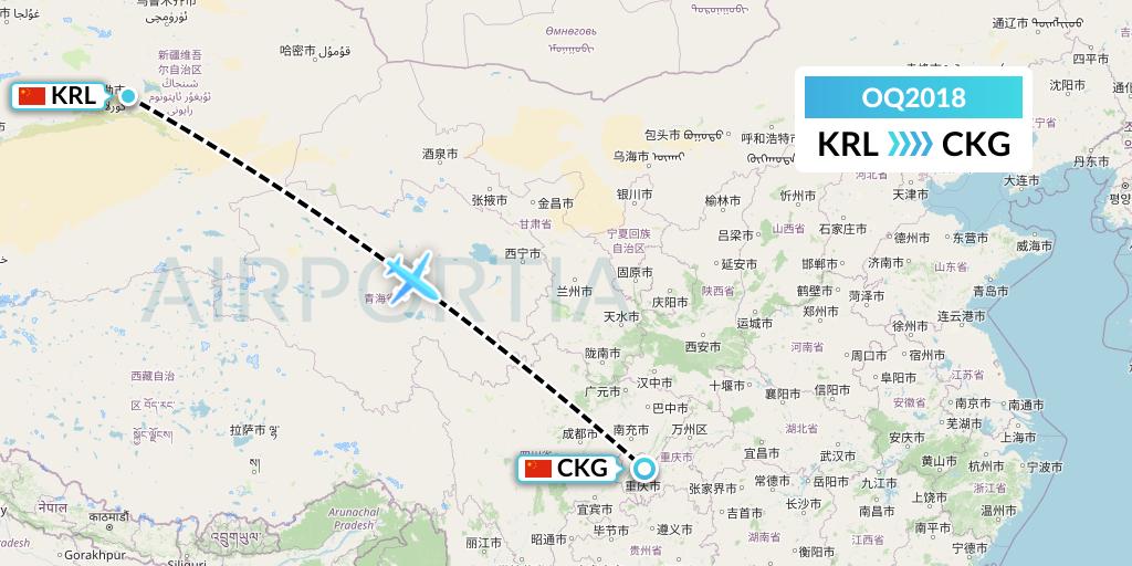 OQ2018 Chongqing Airlines Flight Map: Korla to Chongqing
