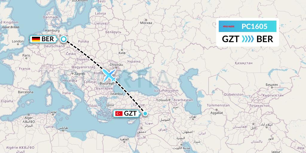 PC1605 Pegasus Airlines Flight Map: Gaziantep to Berlin